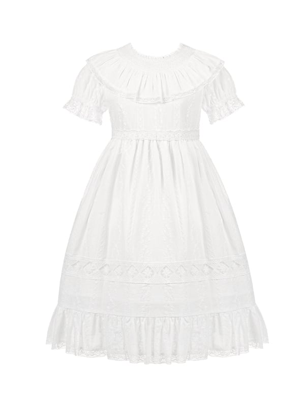 Weißes Lolita-Taille-Shiro-Kleid mit hohen Puffärmeln aus Baumwolle