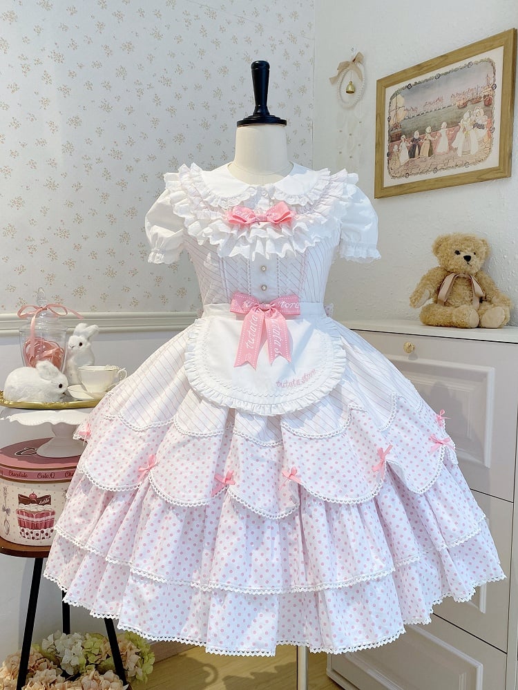 Lolita Jumper School White Pattern Pink Skirt Dress Polka Dots Old Stripes and