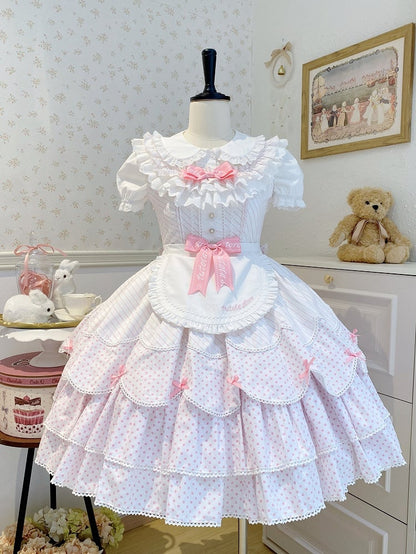 Lolita Jumper School White Pattern Pink Skirt Dress Polka Dots Old Stripes and