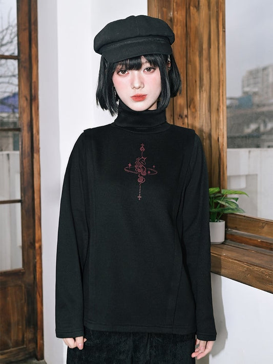 Fleece-lining Long Black with Print Top High-neck Unicorn Sleeve