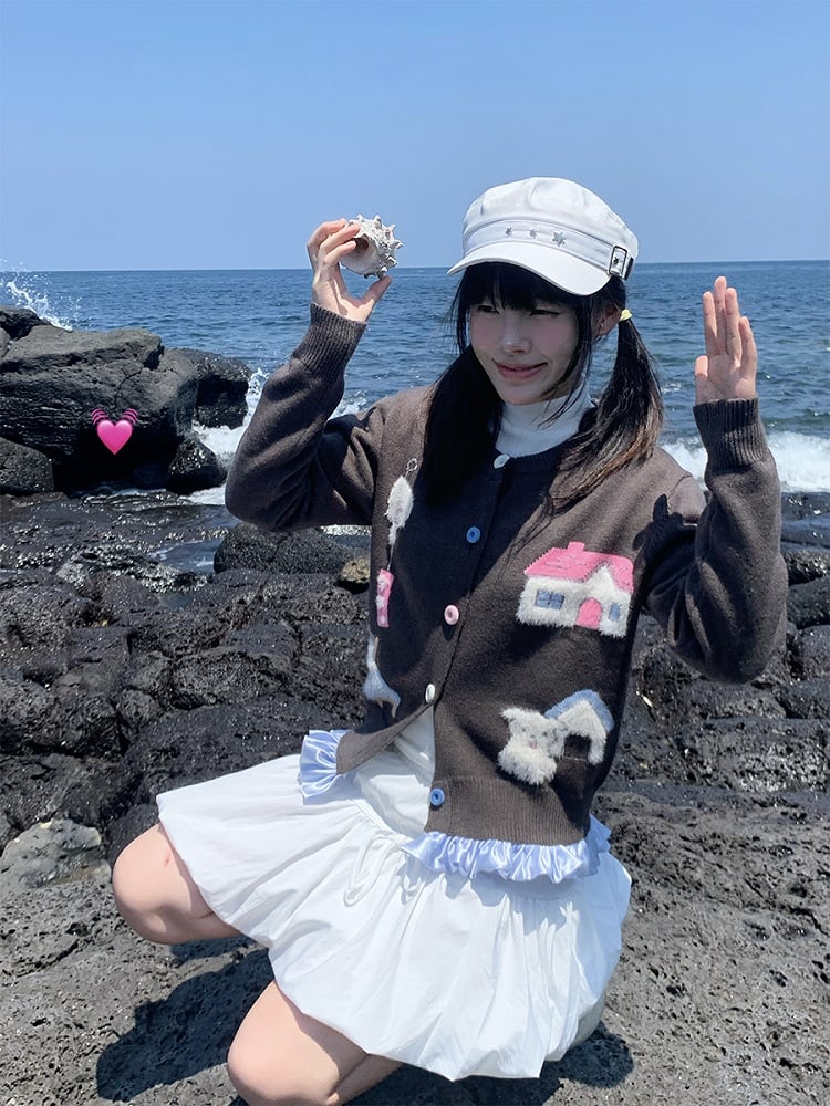 Gray Print Button Home Sweater Warm with Front