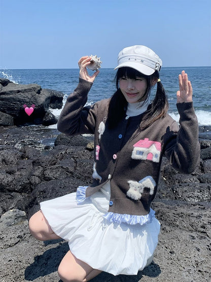 Gray Print Button Home Sweater Warm with Front