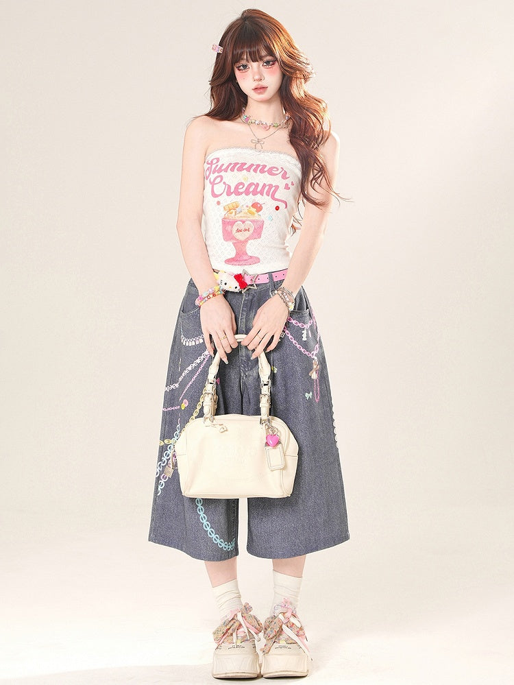 Print Cut Letter Wide-leg Y2K Button Chain Jeans Blue And