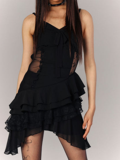 Short Tulle Black Floral Tiered Gothic with Dress Asymmetric Slip Hem Embroidery