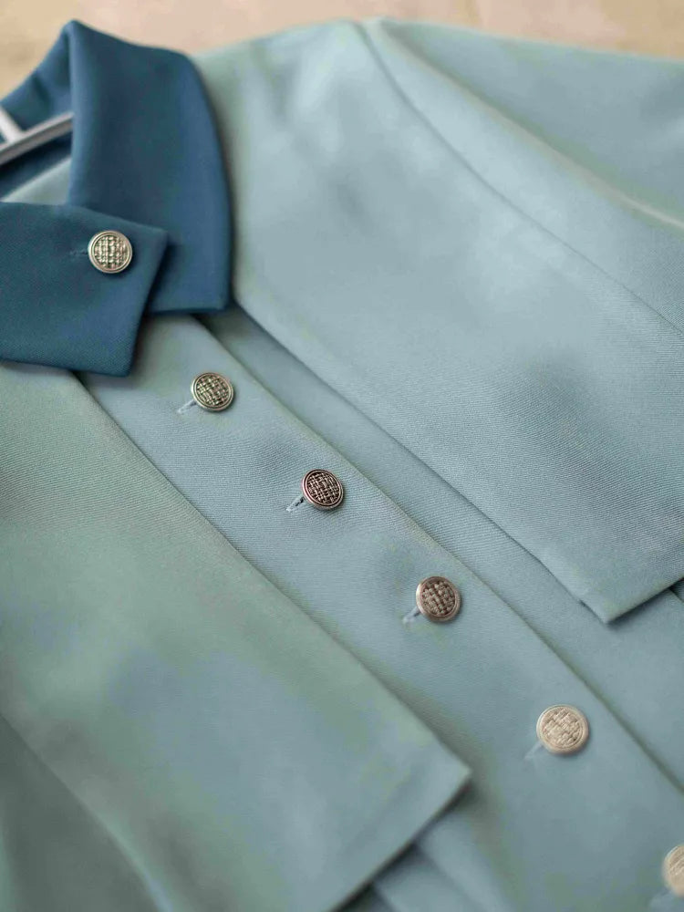 Uniform Blau Abnehmbares Elegantes Cape Beauxbatons Dusty Front Kleid mit Knopfleiste inspiriertem Knopf Vintage