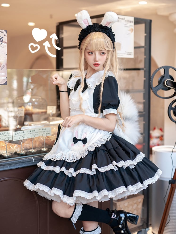 Rüschen Bunny Lolita und Kleid Weiß Schwarz Maid Thema Tiered