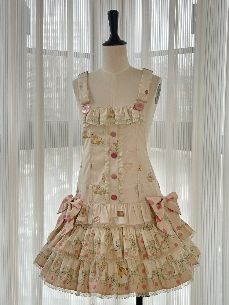 Print Dress Sweet with Waist Tiered Dropped Toys Hood Ears Skirt Bear Lolita Overall