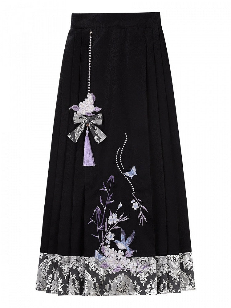 Black and Purple Chinese-Style Skirt with Floral Embroidery and Beaded Pendant - Han Ru Chu Hanfu &amp; Han-Element Studi