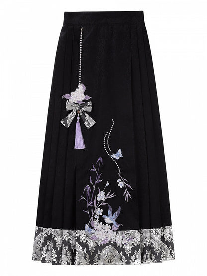 Black and Purple Chinese-Style Skirt with Floral Embroidery and Beaded Pendant - Han Ru Chu Hanfu &amp; Han-Element Studi