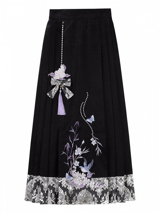 Black and Purple Chinese-Style Skirt with Floral Embroidery and Beaded Pendant - Han Ru Chu Hanfu &amp; Han-Element Studi