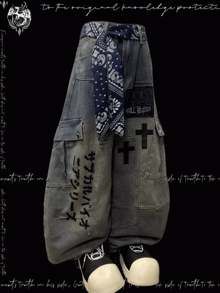 Jeans Blue Cross Applique Wasteland Punk Distressed Weites Bein Cargo