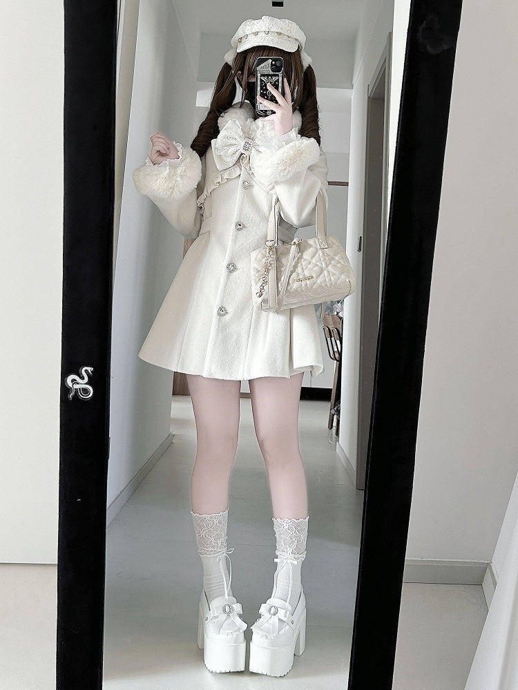 with Buttons Off-White Waist-Cinched Rhinestone Coat Heart Kei Jirai