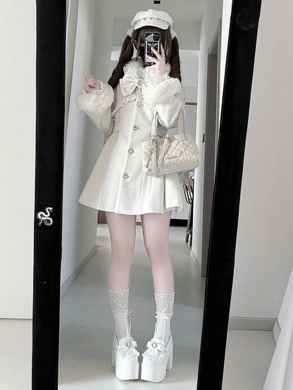 with Buttons Off-White Waist-Cinched Rhinestone Coat Heart Kei Jirai