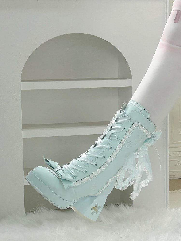 Lolita Lace Bow with Sweet Boots Heeled 8cm Details Blue Trim