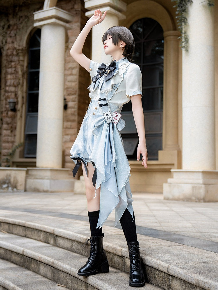 Schleife Alice Muster Wunderland Lolita in + Blau Weiß Outfit Overall - Shorts Vibes Ouji Diamond Shirt