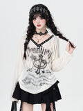 Metallic Semi-Sheer Neckline Print Apricot Top with Punk Graffiti - Eyelet
