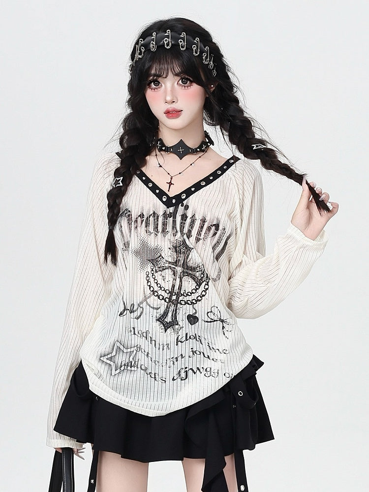 Metallic Semi-Sheer Neckline Print Apricot Top with Punk Graffiti - Eyelet