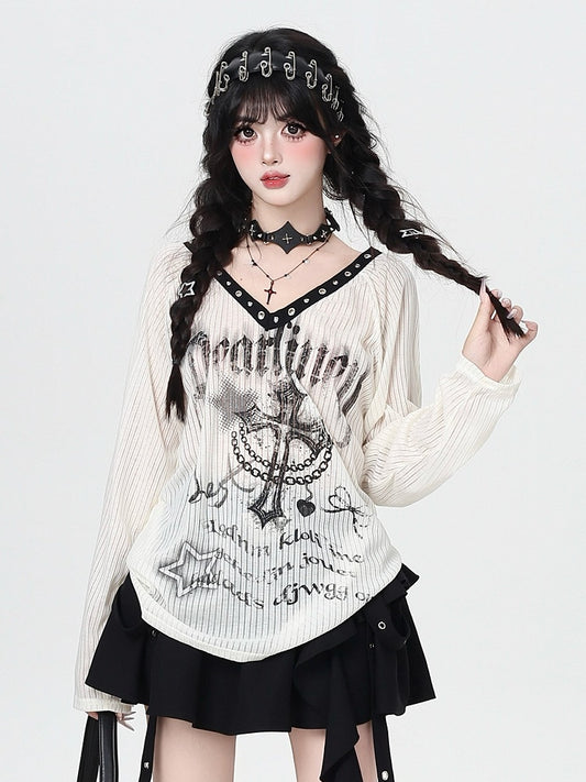 Metallic Semi-Sheer Neckline Print Apricot Top with Punk Graffiti - Eyelet