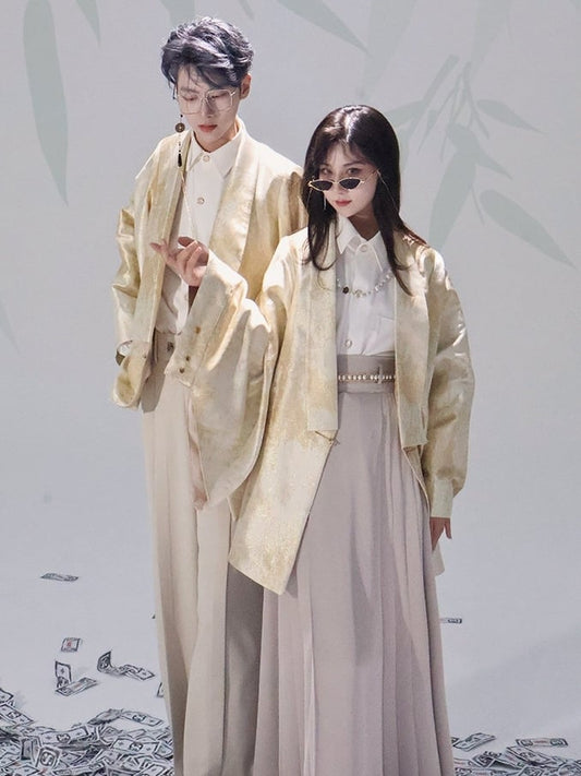 Sleeve Snap with Rear Style Chinese Unisex Practical Slit Closures Blazer Golden