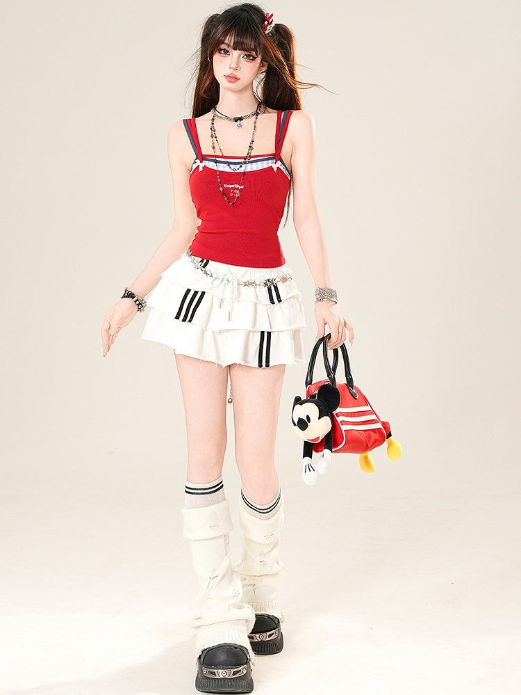 Two-pieces Details Red/Orange Top Faux Cami Bowknot Glamorous Y2K