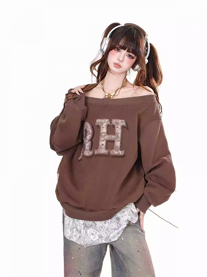 ブラウン/グレー オフショルダー ネックライン レター ルーズ スウェットシャツ
