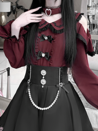 ジライケイ ピーターパンカラー カットアウトショルダー コントラスト 取り外し可能チョーカートリム ブラウス ブラック ワインレッド デザインレース