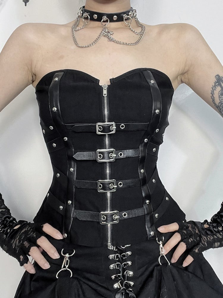Straps Cyberpunk with Gothic Fishbone Halloween Zipper Bustier Buckle Vertical Black Adjustable
