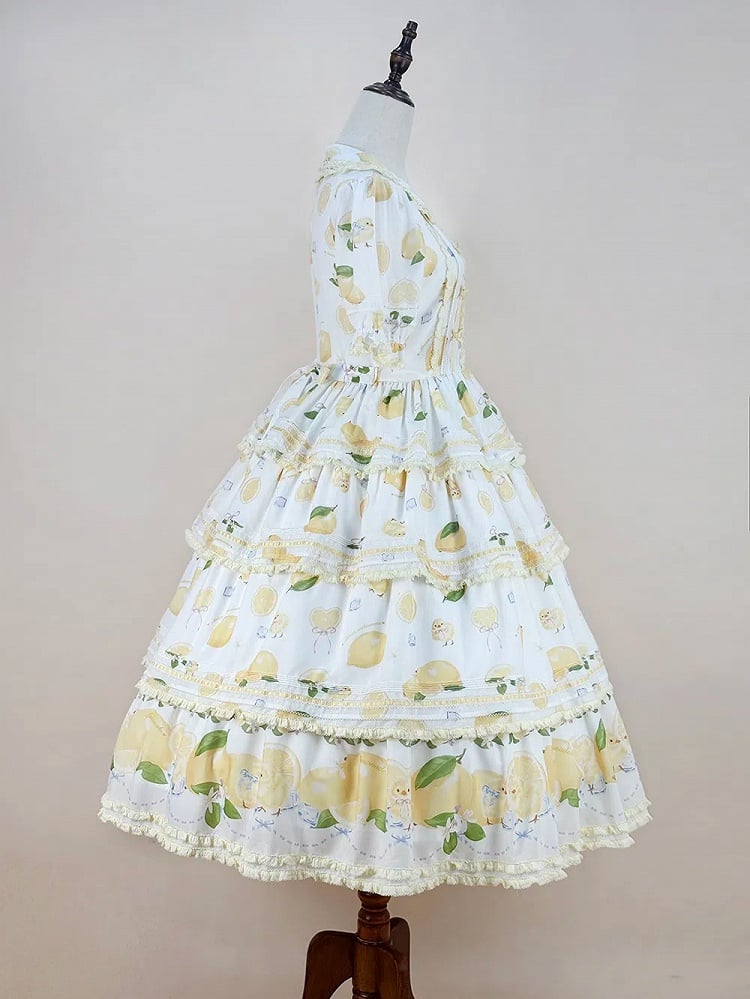 Short Front Lemon Sleeves Button Tiered Lolita Print Placket Skirt Dress White Chick and