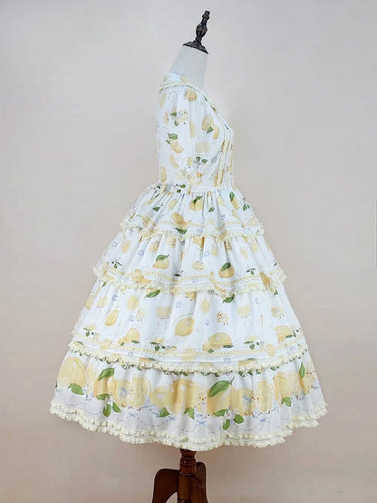 Short Front Lemon Sleeves Button Tiered Lolita Print Placket Skirt Dress White Chick and