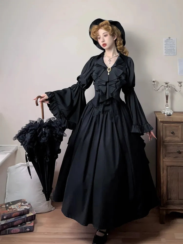 Schwarz / Dunkelblaues Aristocrat Gothic Hemd mit langen Glockenärmeln