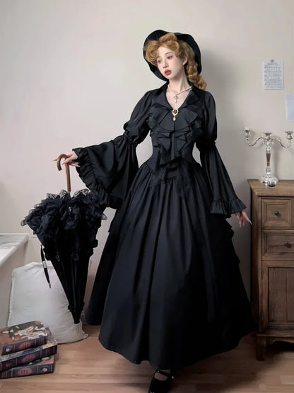 Black / Dark Blue Long Bell Sleeves Aristocrat Gothic Shirt