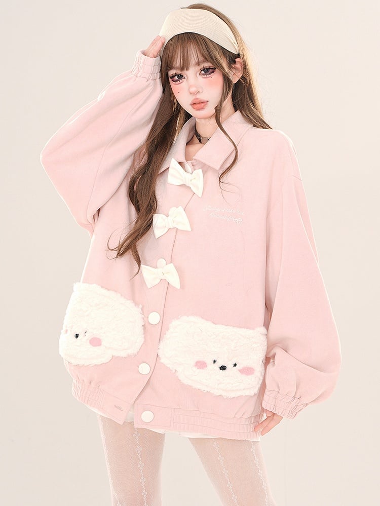 Pink/White Plush Puppy Pockets Polo Collar Jacket