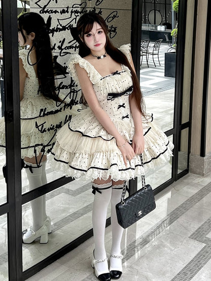 ドレス ポルカ スイート ティアード ドット ベージュ スカート ウエスト バスク ブラック