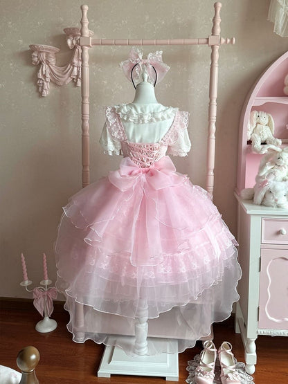Hanayome Rock Akzente Lolita Prinzessin Tüll Schleife Rosa JSK Kleid Mehrlagig