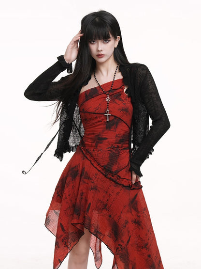 with Tie-Front Cardigan Trim Black Cropped Ruffle Design