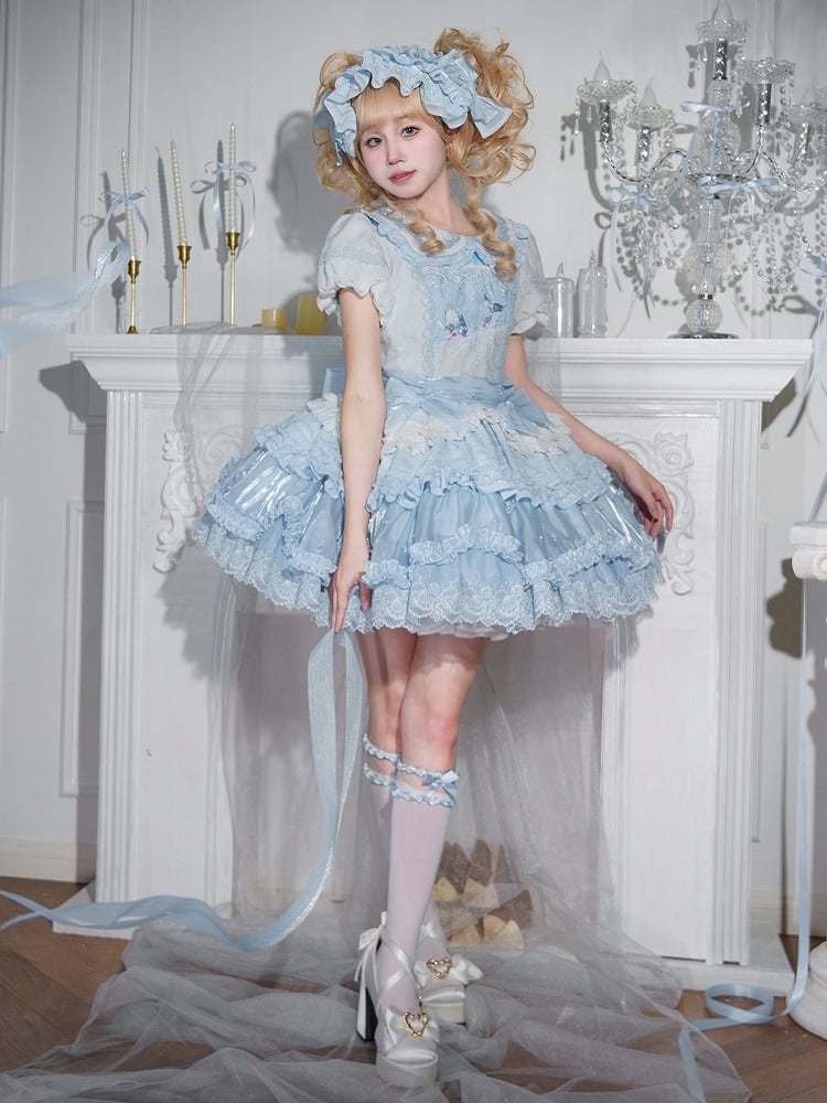 Mieder und Kragen Kleid Blau Peter Pan Print Stickerei Süß Weiß Strand Lolita Wal