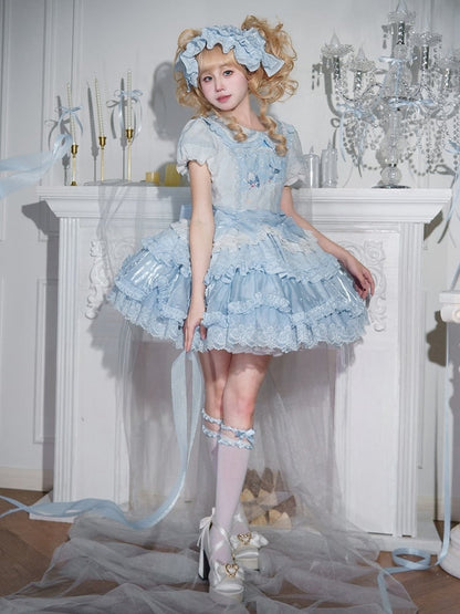 Bodice and Collar Dress Blue Peter Pan Print Embroidery Sweet White Beach Lolita Whale