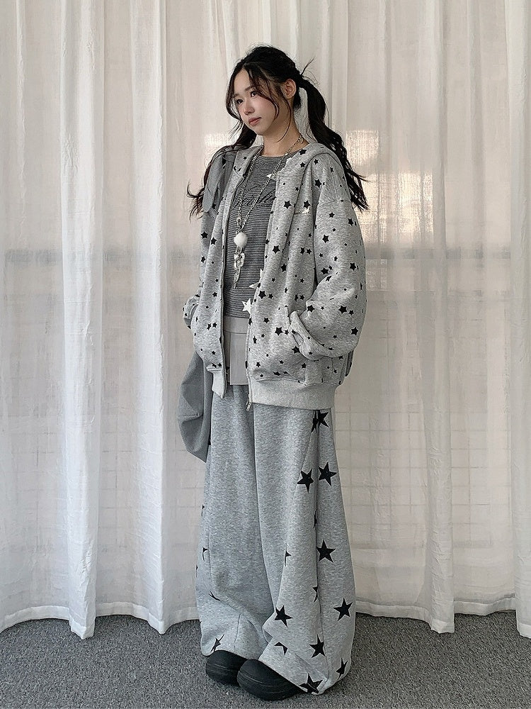 Cute White/Gray Rabbit Ear Zip-Up Hoodie with Star Print Pattern - Solkatt