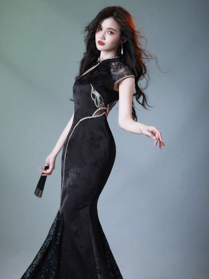 Butterfly Theme Classic Cheongsam Long Dress with Embroidered Fish Tail - sijinstudio