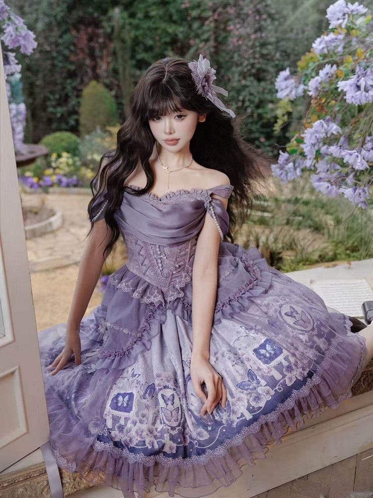 Skirt Elegant Purple and Classic Butterfly Top Waist Corset + Floral Boned Set Lolita Print