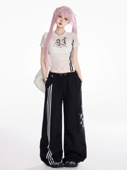 レースTシャツ ラウンドネック ナンバープリント セミシアー ブラック/ホワイト