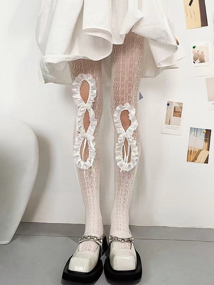 Y2K Tights Pink Trim Ruffles Design Cut-out