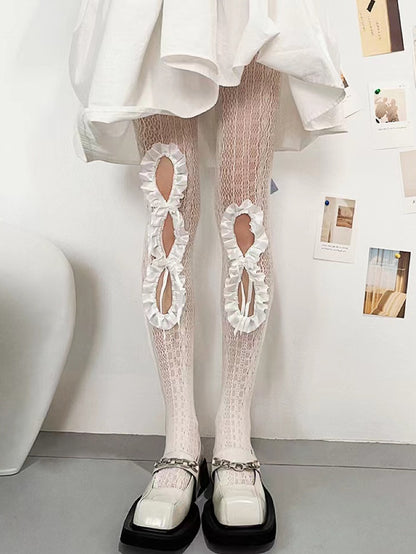 Y2K Tights Pink Trim Ruffles Design Cut-out