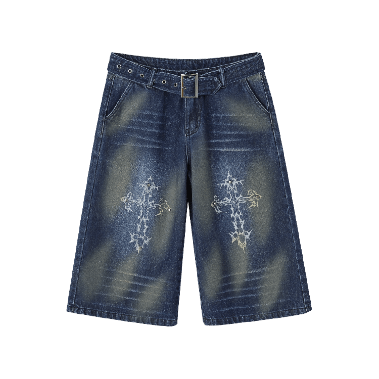 Buckle Distressed Jeans Blue Print Faded Wash Glamorous Belt with Cross