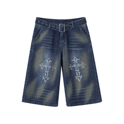 Buckle Distressed Jeans Blue Print Faded Wash Glamorous Belt with Cross