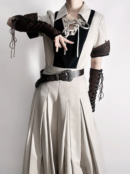 Ouji - Stücke Steampunk Ärmel Hemd Weste Lolita Set Hose Gerades Bein Kurz + Lang Drei Ein-Schulter