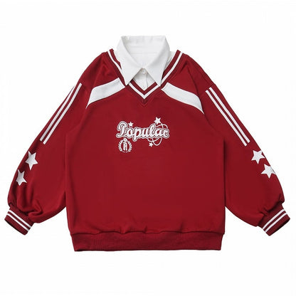 with Collegiate Version Faux Wine Long/Short Blue Star Sweatshirt Red/Navy Two-Piece Print in