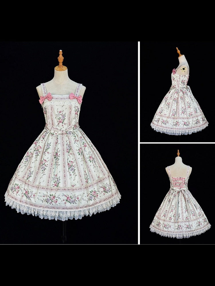 Beige Floral Print Box Pleat Skirt Lolita JSK Dress with Bow & Back Lace-Up - Miss Cube Dressworks