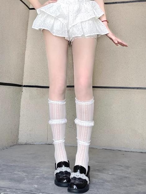 Designed Stockings Three-Layered Black/White Lace