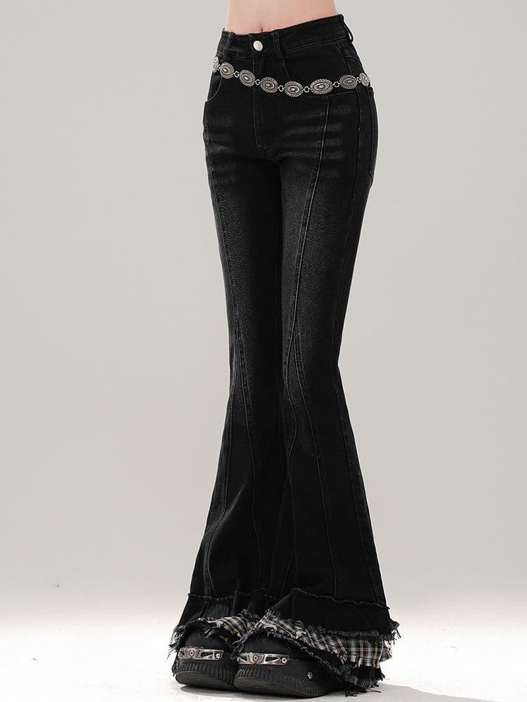 Fischschwanz-Patchwork-Karierte schwarze Bündchenjeans